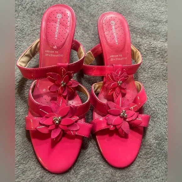Rockport adiprene 7 hot pink floral, stray, sandals, wedge, heel, shiny leather - Picture 2 of 7